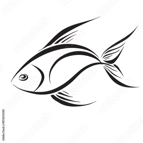A minimalist black line drawing of a fish with flowing fins.