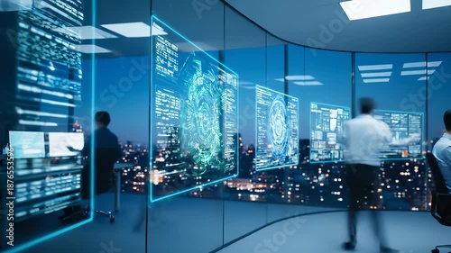 Monitoring data on network control screens. Operator and analyst work in glass office. Technology interface displays code graphics over skyline. Cybersecurity focus with real time visualization now.