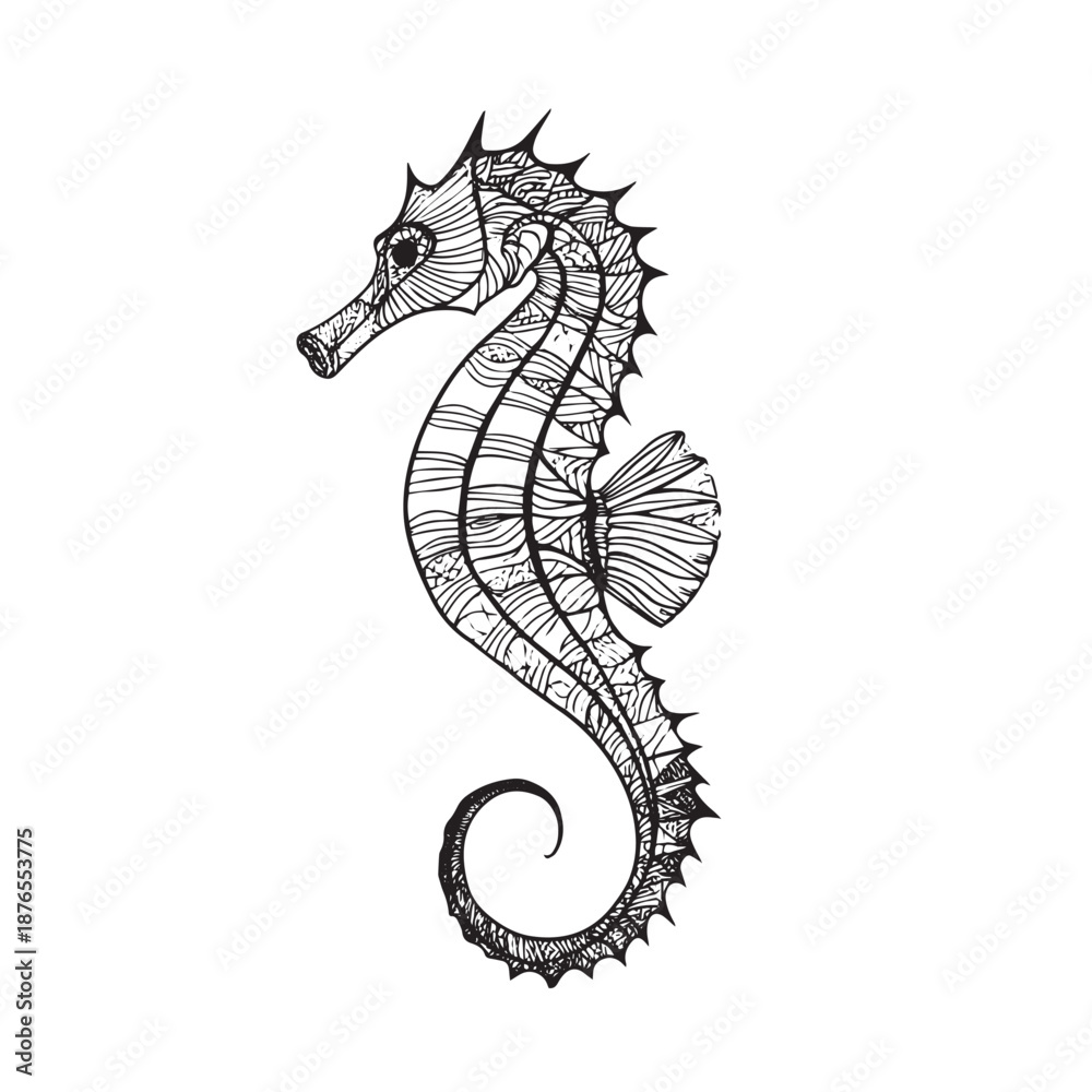 Fototapeta premium Hand-drawn engraving style of a textured seahorse.