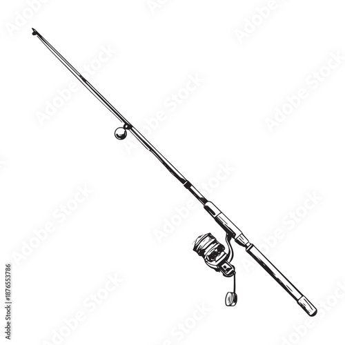 Hand-drawn engraving style of a spinning fishing rod and reel.