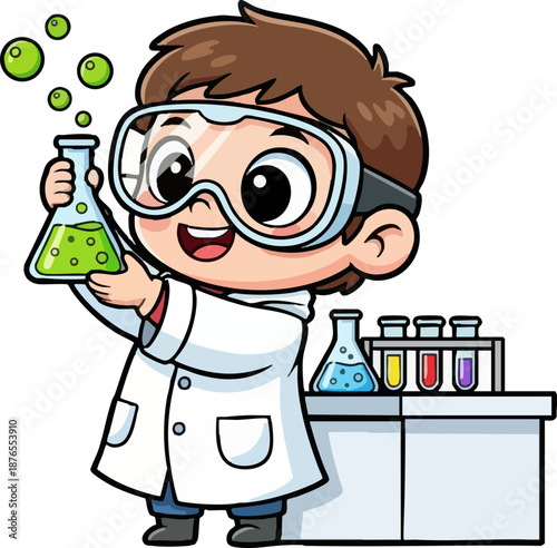 Young scientist cartoon mixing chemicals in laboratory flask