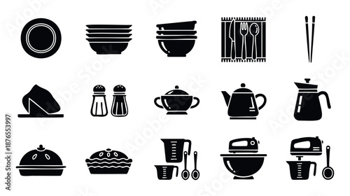 Comprehensive collection of kitchenware and dining essentials in minimalist silhouette icons for culinary blogs, restaurant menus, cooking applications, and household product branding.