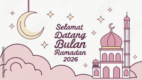 Ramadan greeting card with mosque and crescent moon