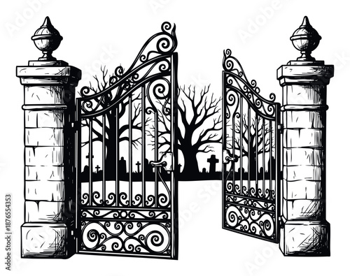 Old world open wrought iron gate flanked by robust stone columns featuring decorative finials revealing a dark mysterious cemetery scene with stark bare trees and old grave crosses ideal