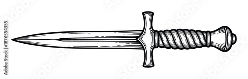 A striking black and white engraving of a historical dagger with a sharp blade and ribbed handle, perfect for designs requiring ancient weaponry, military symbolism, or fantasy adventure