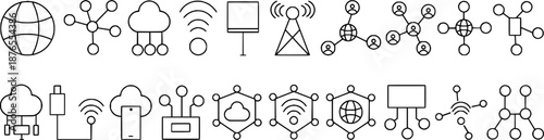 Network icon set. Outline style collection of information technology, including connection, communication, internet, signal, wireless and more. Vector illustration.