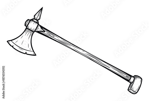 A classic hand drawn style tomahawk axe with a sharp blade and spike, perfect for historical, adventurous, or outdoor themed projects.