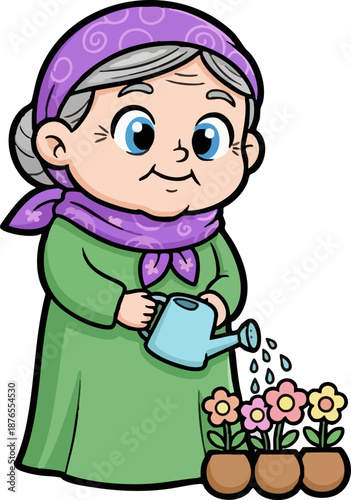 Cute cartoon granny watering flowers gardening illustration