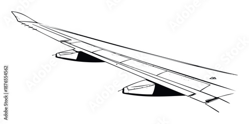 Detailed graphic representation of an airliner wing with engines providing a clear visual for aviation enthusiast content or travel industry promotional materials.