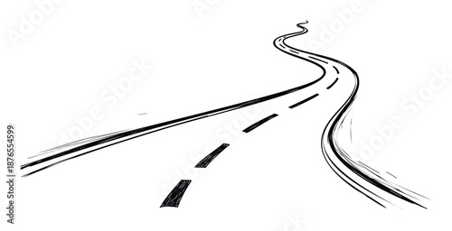 Handdrawn winding road with dashed lines symbolizing journey and direction, perfect for transportation, travel, or conceptual graphic resources.