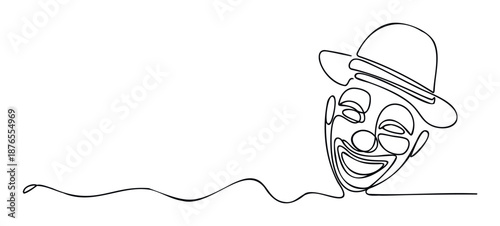 A single continuous line drawing of a cheerful clown wearing a bowler hat, smiling broadly, perfect for circus event promotions or entertainment related graphic projects.