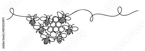Continuous line drawing of a group of bees forming a honeycomb structure, perfect for minimalist naturethemed branding, packaging, educational materials, or decorative graphic design