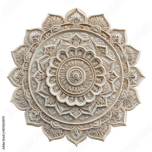 Intricately carved circular plaster medallion with ornate floral mandala pattern