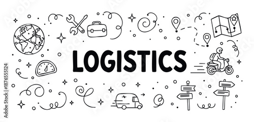 Logistics concept with hand drawn icons representing global delivery, speed, and planning for business presentations and web graphics