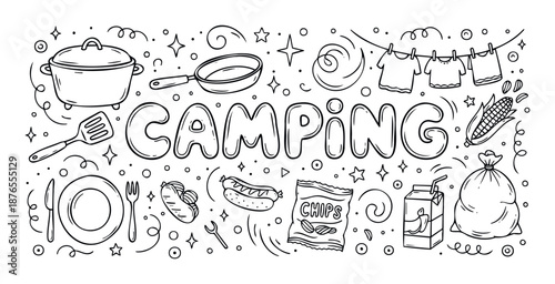 Cute monochrome line art depicting a variety of outdoor camping gear and picnic foods, ideal for educational content, activity books, or fun summer event posters.