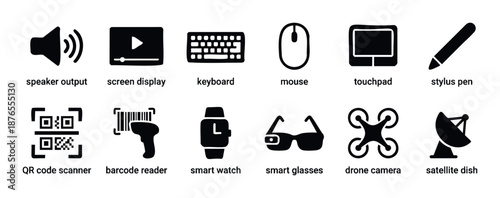 Comprehensive collection of modern electronic device icons featuring input output tools like speaker, screen, keyboard, mouse, touchpad, stylus pen for technologyrelated projects and user