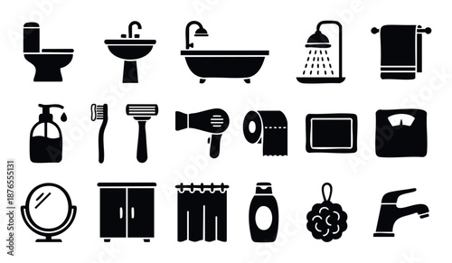 Essential bathroom fixtures and personal hygiene accessories icons, ideal for web interfaces, mobile applications, modern house renovation, and home improvement infographic projects.