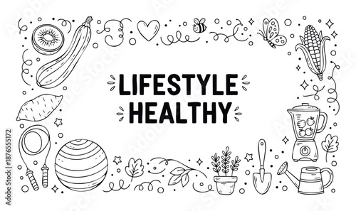 Hand drawn black and white doodle frame with healthy food fitness and nature elements promoting a wellness lifestyle concept perfect for health related content