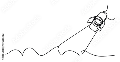 A continuous one line drawing depicting a rocket launching into the sky representing innovation, progress, and ambition perfect for business, technology, or startup related presentations.