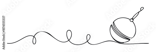 Single continuous line drawing of a fishing bobber and its flowing line, creating a clean graphic for outdoor recreation branding, fishing sport marketing, or nautical themed media.