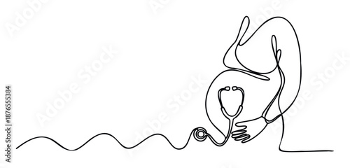 Pregnant woman in a minimalist one line drawing holding a stethoscope to her belly, symbolizing prenatal care, health monitoring, and maternal wellness for medical publications and womens