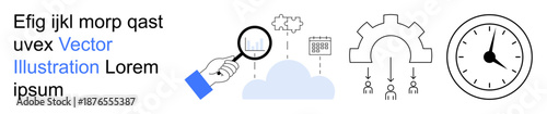 Data analysis, business strategy, process workflow, technology planning, cloud computing, time management. Magnifying glass analyzing data with cloud, flowchart and clock. Data analysis and business