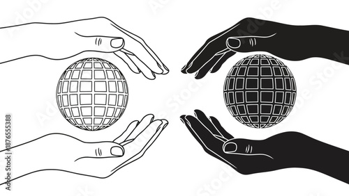 Hands cradling globes representing unity and global interconnectedness in monochrome