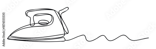 Modern electric iron appliance drawn with a continuous flowing line and power cord, perfect for household chores or laundry service promotions and simple home living graphics.