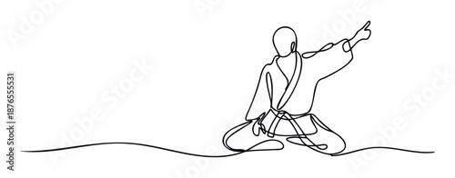 Minimalist continuous line drawing of a martial arts practitioner in a gi kneeling and pointing, perfect for illustrating discipline, sport, or focused movement in various health and