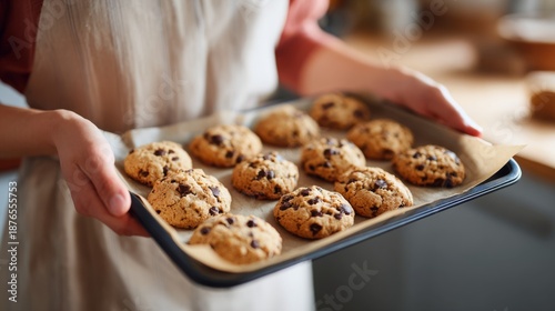 A female baker, with light skin, proudly holds a tray of freshly baked chocolate chip cookies, showcasing their golden-brown goodness.