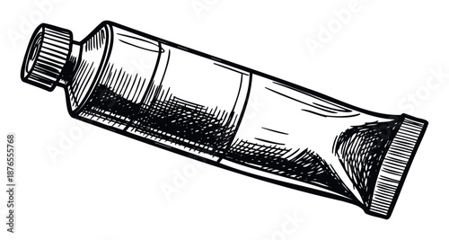 A handdrawn sketch depicting a classic flexible tube with a screw cap, suitable for creative product packaging concepts, visual arts presentations, and graphic design resources.
