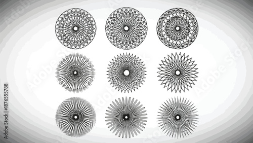 Nine circular geometric patterns displayed in grayscale creating a symmetrical arrangement