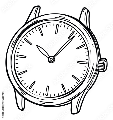 Handdrawn sketch of a classic wristwatch featuring a clear dial and hands, perfect for illustrating concepts of time management, punctuality, or vintage accessory themes.