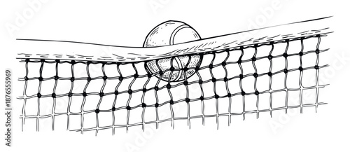 Dynamic hand drawn style depiction of a tennis ball impacting a stretched net, perfect for sports event branding, athletic club promotions, or active lifestyle publications.