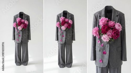 Modern Fashion Concept of Pink Peonies Blooming from a Grey Wool Suit