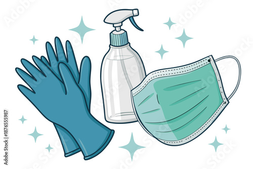 Janitorial Gloves Mask Sanitizer Illus