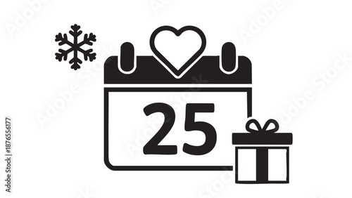 A calendar icon displaying the 25th with a heart and gift box beside it, symbolizing a special winter occasion