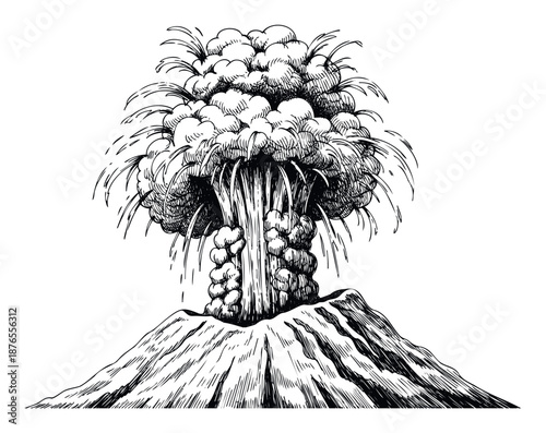 Dramatic black and white sketch of a towering volcano eruption with thick smoke and ash forming a colossal cloud, perfect for scientific education or disaster preparedness illustrations.