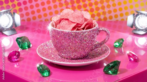 Pink Glitter Teacup Filled with Pink Chips Surrounded by Gems and Spotlights
