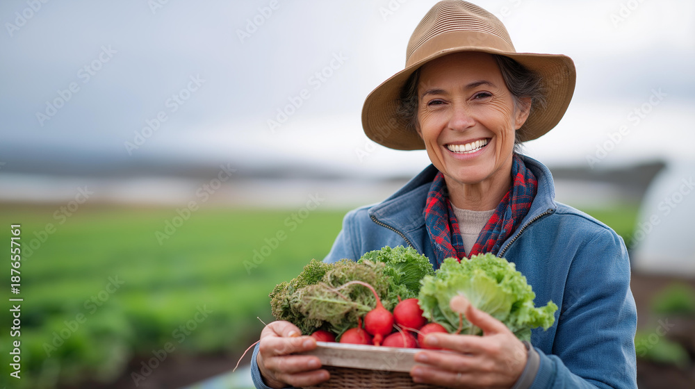 Fototapeta premium Happy faceless female farmer harvesting fresh organic vegetable greenery local farm countryside winter season natural eco food concept sustainable agriculture
