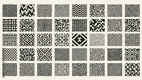 A collection of diverse black and white geometric patterns in a grid arrangement