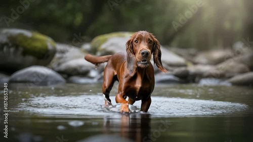 Graceful irish red setter walks through flowing river in natural setting
