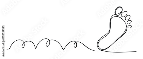 Continuous single line drawing of a healthy human foot connected to a wavy path, perfect for wellness, healthcare, movement, journey, or walking related marketing materials and educational