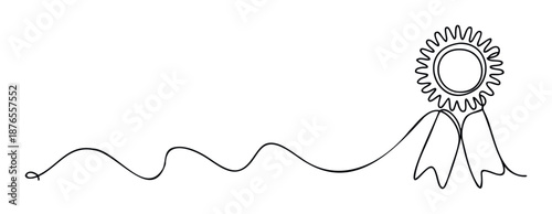 A continuous single line drawing depicts a stylized award ribbon resembling a sun or flower, flowing into a long wavy path, ideal for expressing achievement, success, or celebration in