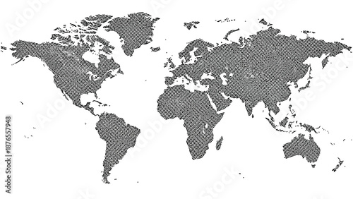 A halftone patterned world map depicting continents and oceans in grayscale