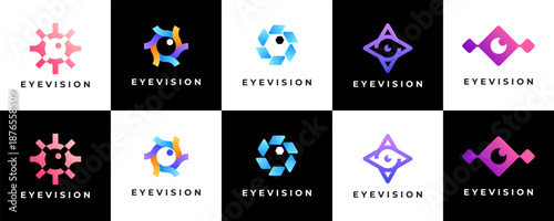 Eye tech logo design collection, cyber symbol. lens aperture positions. Retina scan eye icons , Simple, science, silhouette, vector template
