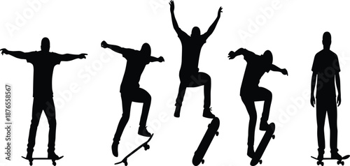 Black Silhouette Set of Male Skateboarders Performing Tricks and Jumping, Active Men for Extreme Sports Street Culture and Lifestyle Vector