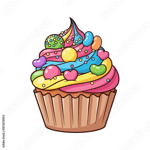 Vibrant and Playful Cartoon Cupcake with Colorful Frosting and Candies.