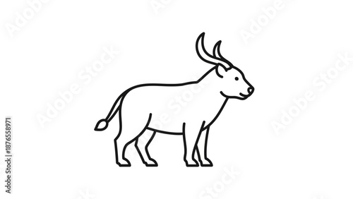 Stylized Line Art Illustration of a Bull or Ox with Horns, Standing Profile