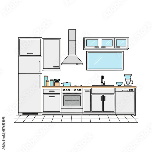 Modern kitchen interior with appliances and cookware on countertops